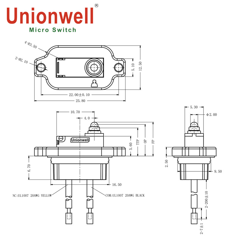 Dimensions of Unionwell Wires Downwards Subminiature Sealed Micro Switch